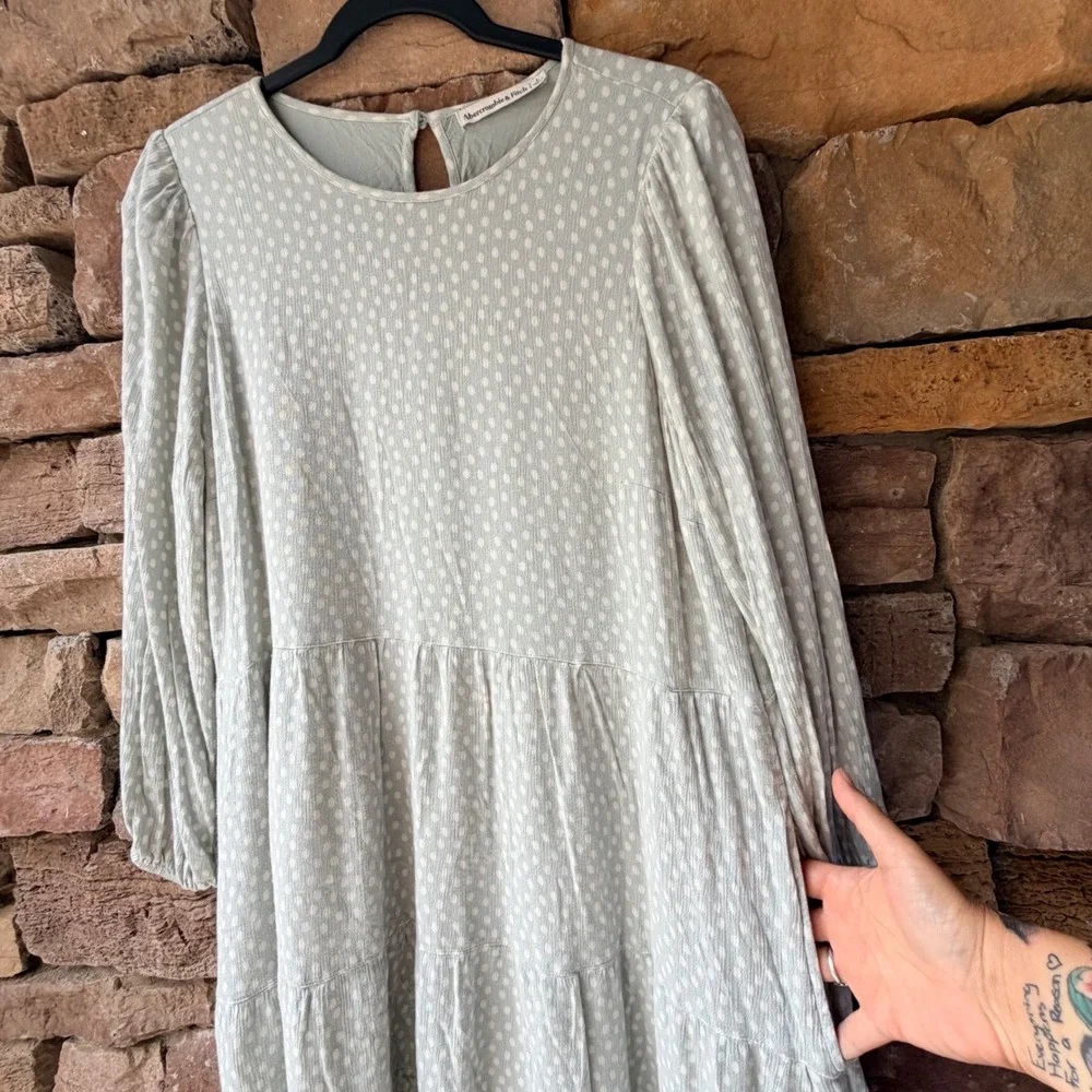 Abercrombie & Fitch Womens Large Dress Green Polka Dot Long Sleeve Tiered Mini
